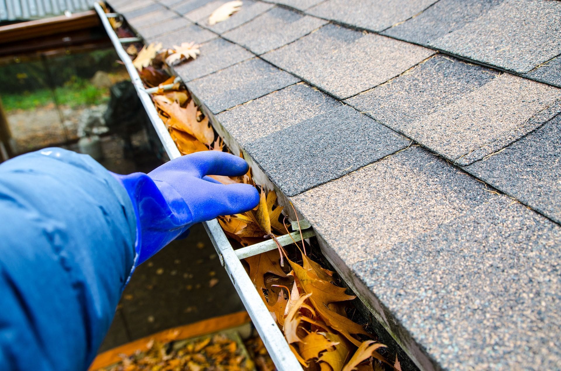 Commercial gutter cleared of leaves and debris by All One Solar Shine